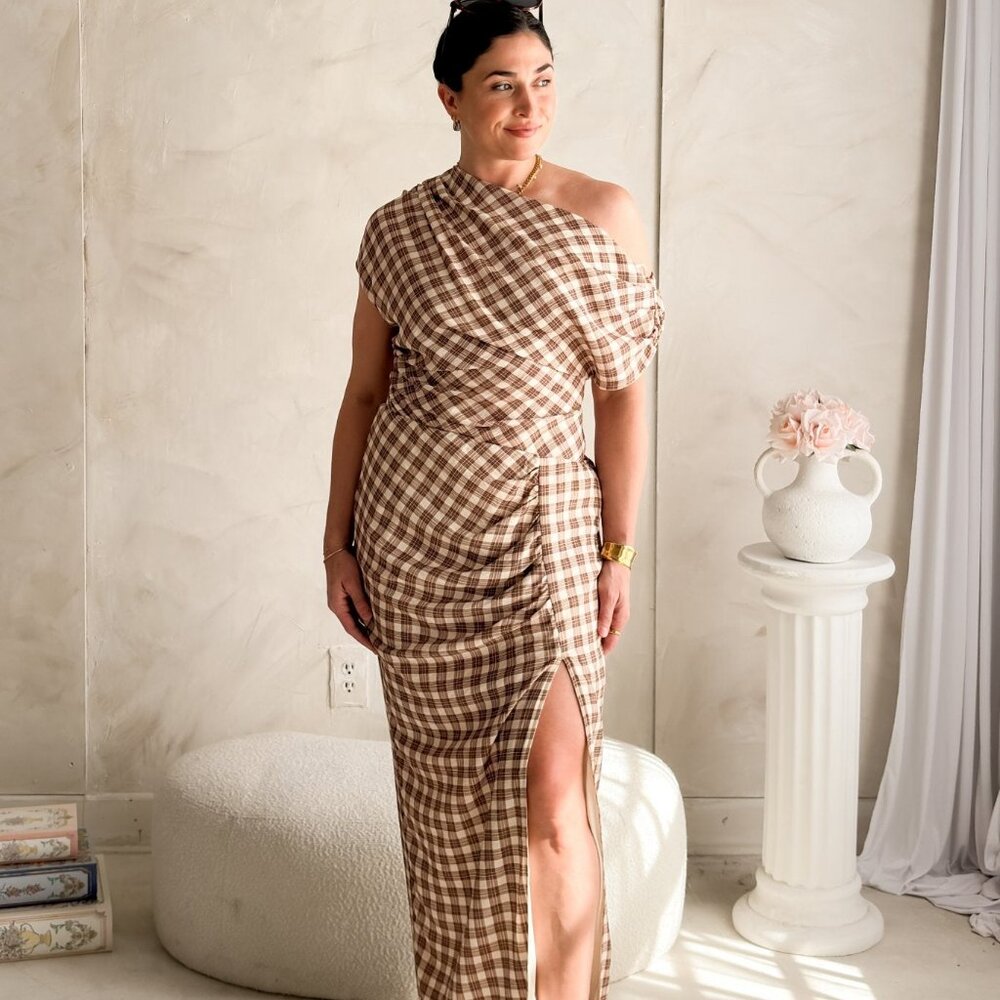 Women’s Brown Plaid One Shoulder Midi Dress - Picture 10 of 10